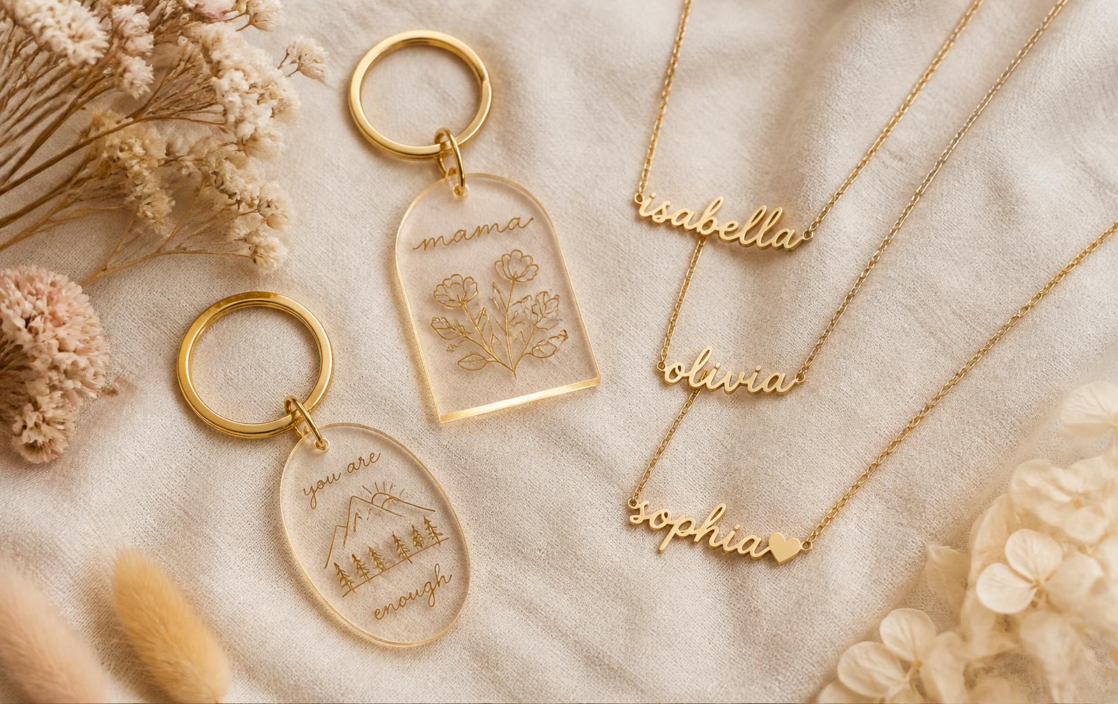 Laser-engraved gold keychains and personalized name necklaces on cream linen